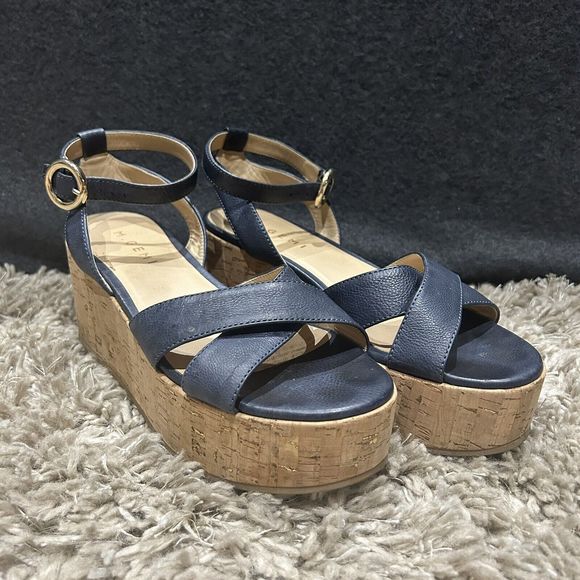 M. Gemi Womens The Linee Sandals 37 US 7 Blue Leather Platform Cork‎ Wedges - Picture 1 of 6